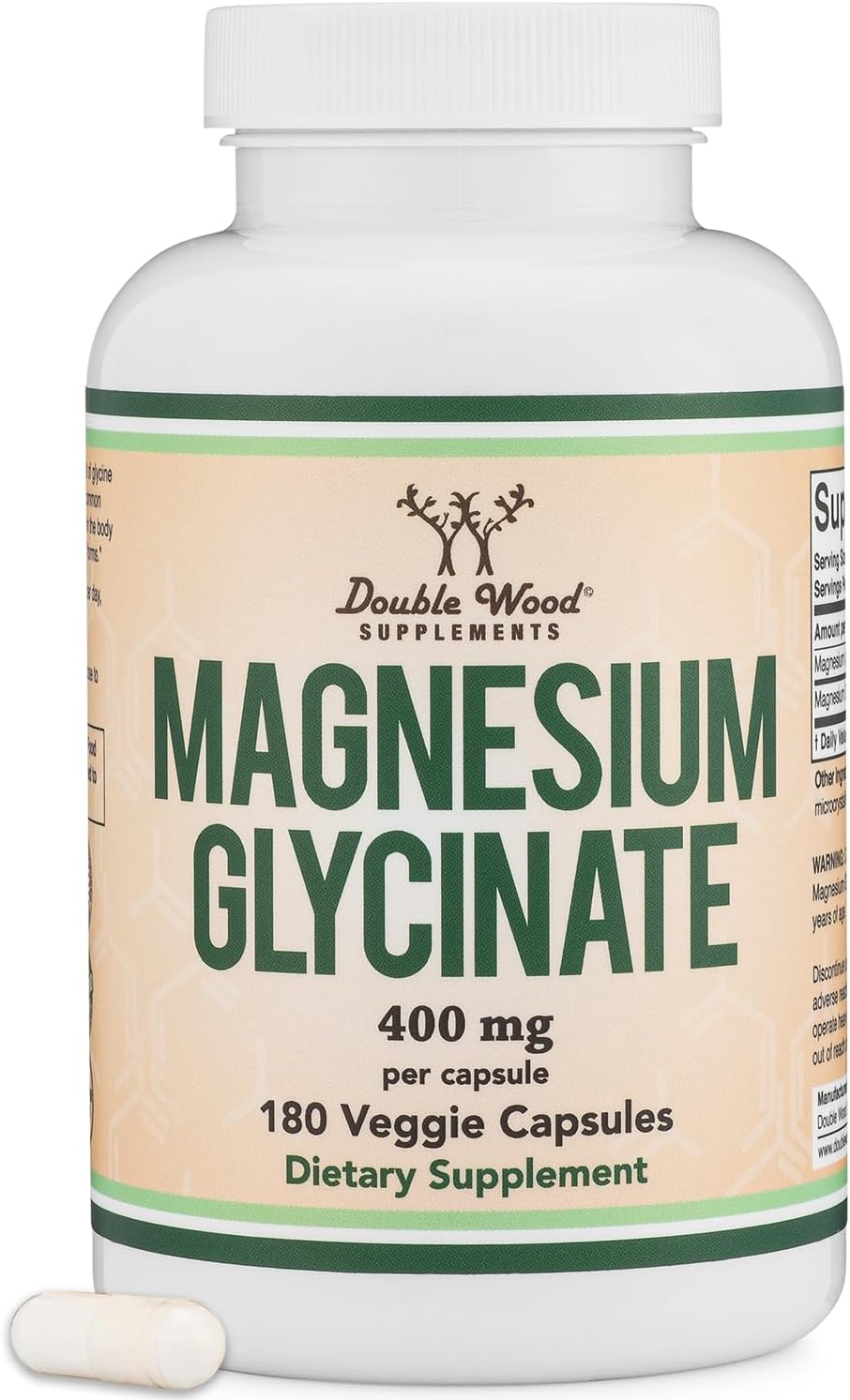 Magnesium Glycinate 400mg, 180 Capsules (Vegan Safe, Third Party Tested, Gluten Free, Non-GMO) High Absorption Magnesium by Double Wood Supplements-0