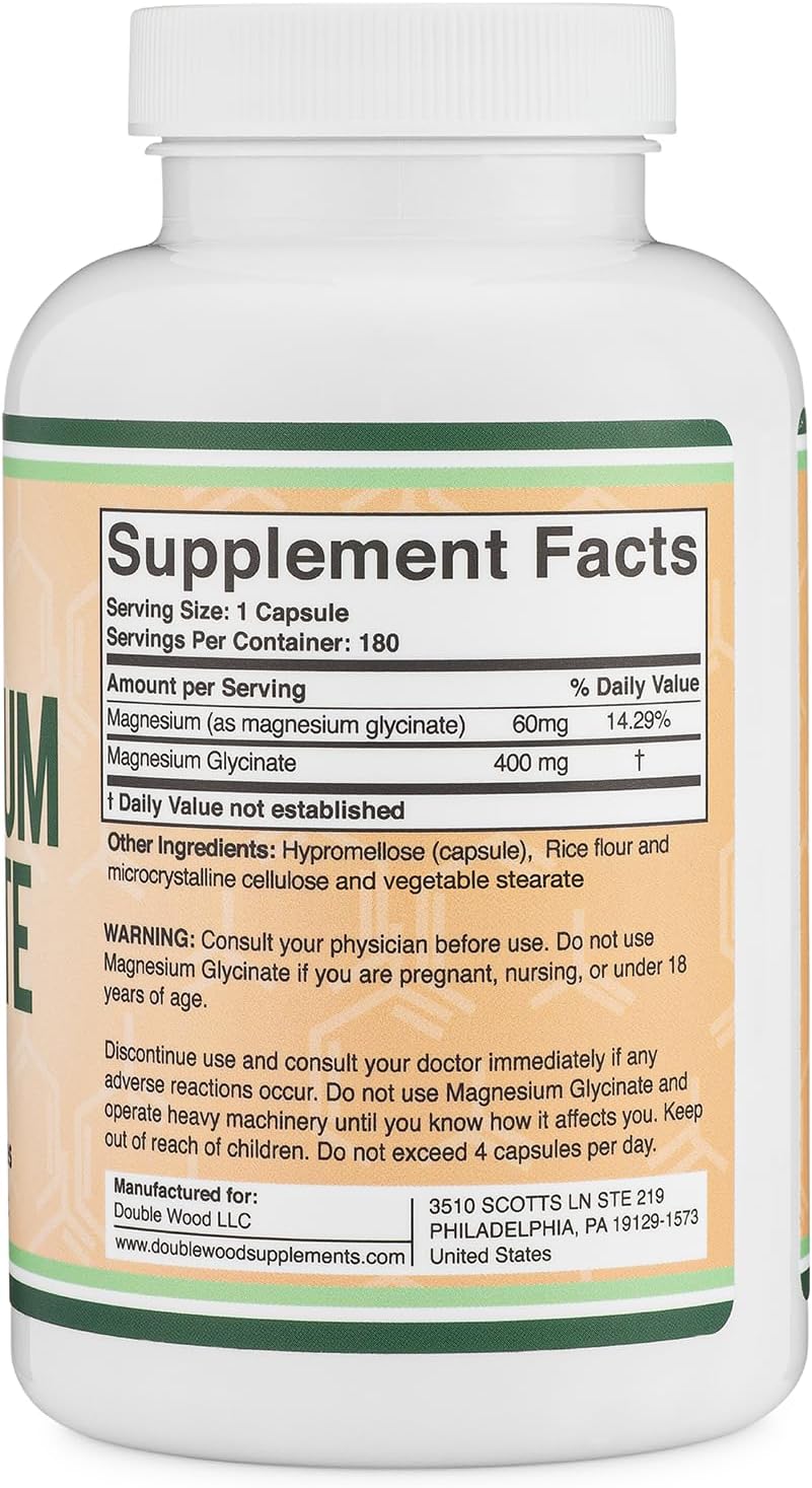 Magnesium Glycinate 400mg, 180 Capsules (Vegan Safe, Third Party Tested, Gluten Free, Non-GMO) High Absorption Magnesium by Double Wood Supplements-5