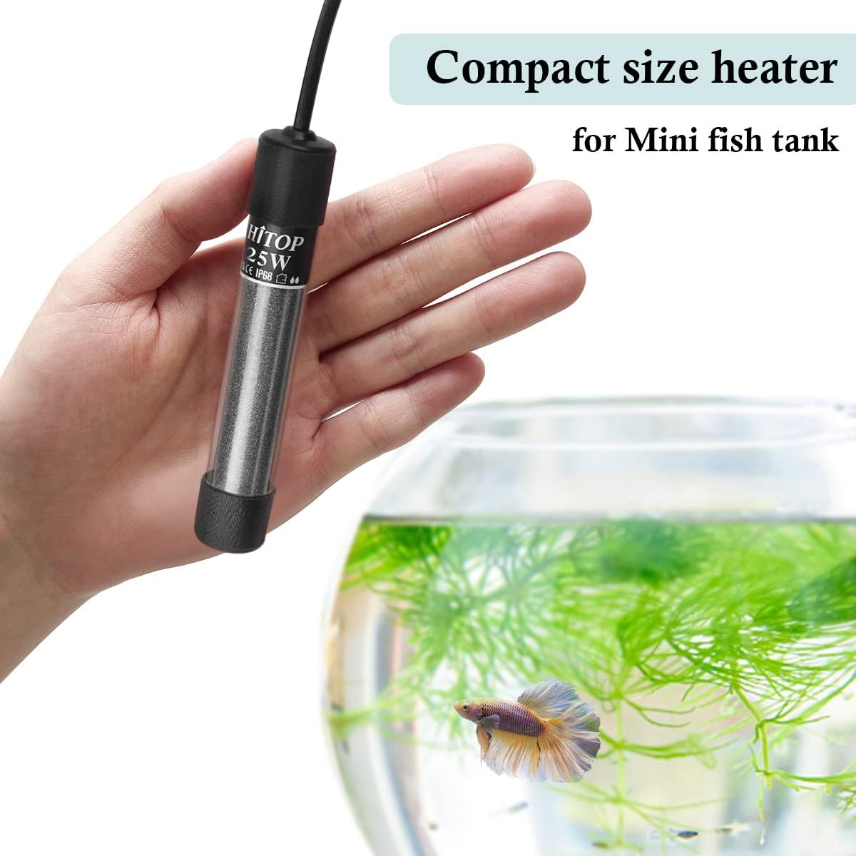 HITOP Mini Submersible Aquarium Heater - 25W 50W 100W 200W 300W Small Heater for Fish Tank 1-70 Gallon with Controller (25W)-1