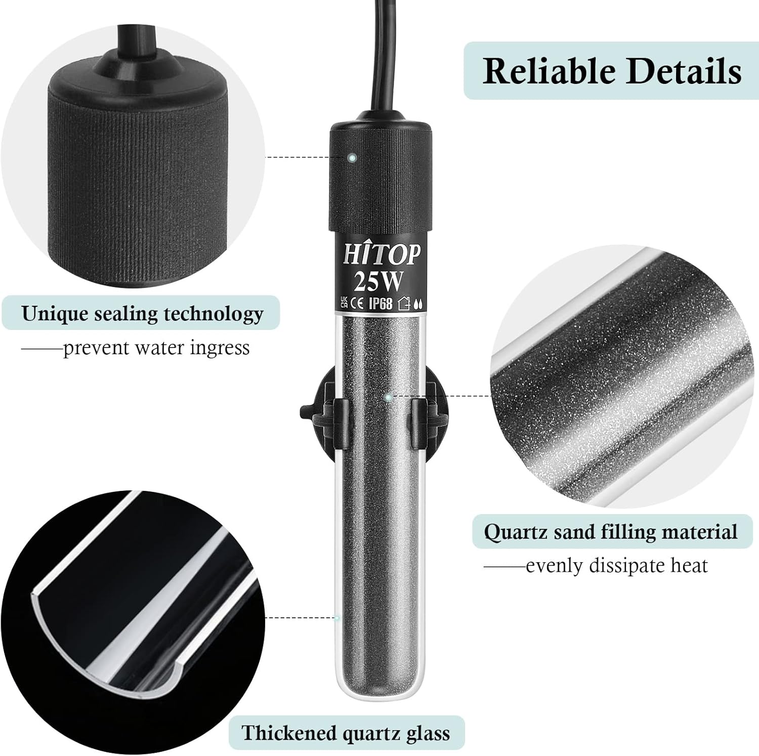 HITOP Mini Submersible Aquarium Heater - 25W 50W 100W 200W 300W Small Heater for Fish Tank 1-70 Gallon with Controller (25W)-4