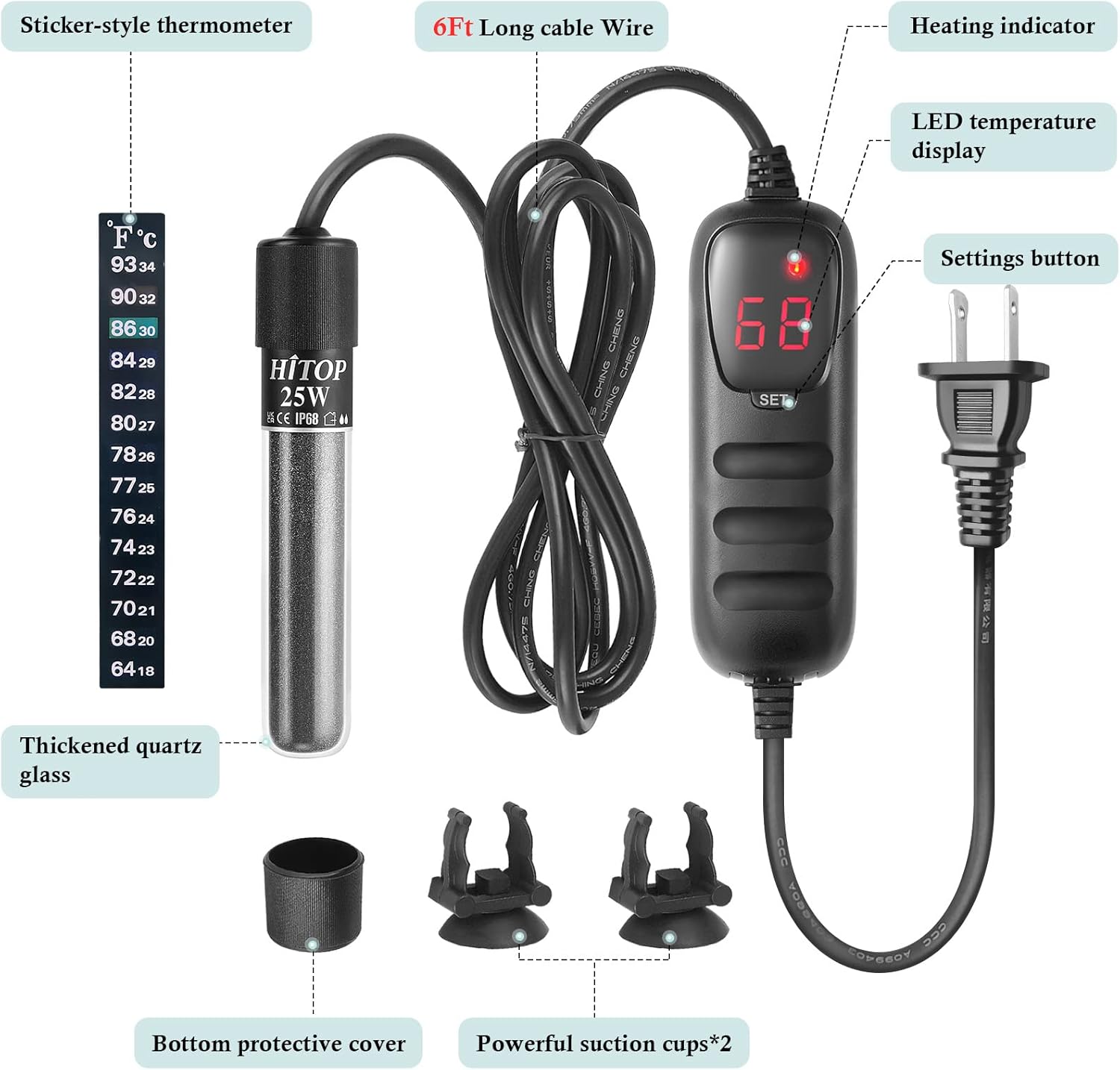 HITOP Mini Submersible Aquarium Heater - 25W 50W 100W 200W 300W Small Heater for Fish Tank 1-70 Gallon with Controller (25W)-5