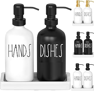 Luxurious Glass Kitchen Soap Dispenser Set with Tray by Brighter Barns - Hand and Dish Soap Dispenser for Kitchen Sink - Farmhouse Soap Dispenser - Modern Farmhouse Kitchen Decor (Black/White)