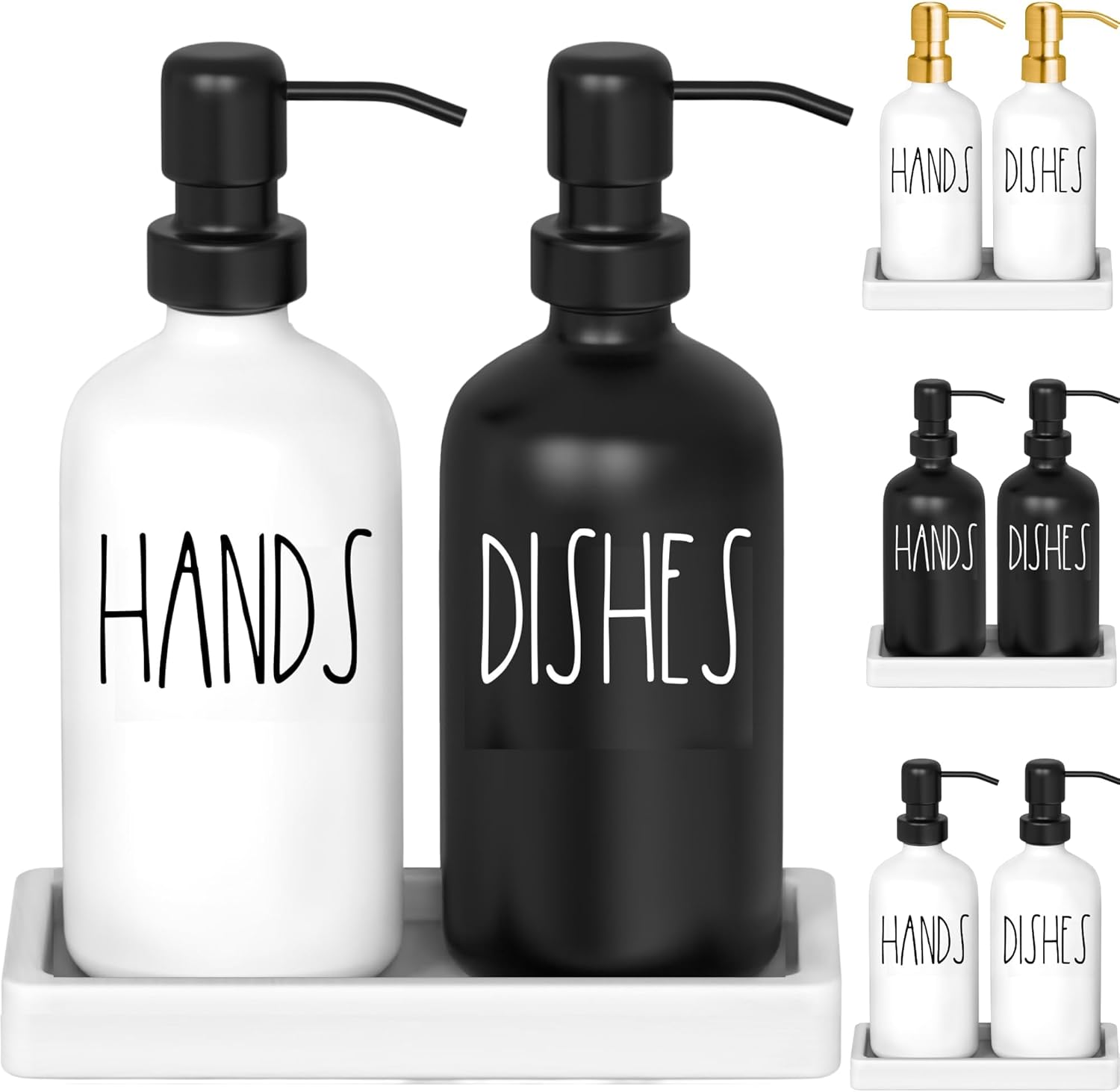 Luxurious Glass Kitchen Soap Dispenser Set with Tray by Brighter Barns - Hand and Dish Soap Dispenser for Kitchen Sink - Farmhouse Soap Dispenser - Modern Farmhouse Kitchen Decor (Black/White)-0