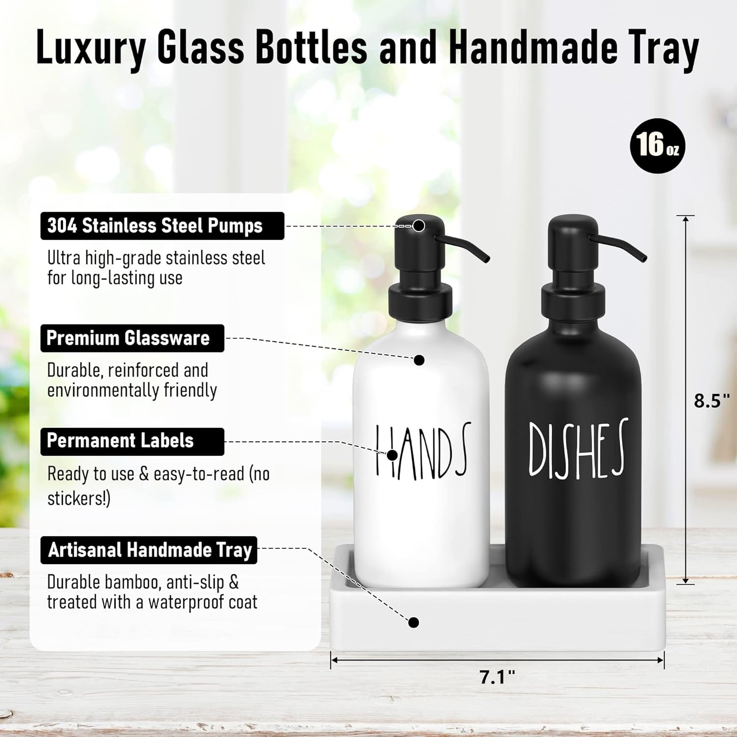 Luxurious Glass Kitchen Soap Dispenser Set with Tray by Brighter Barns - Hand and Dish Soap Dispenser for Kitchen Sink - Farmhouse Soap Dispenser - Modern Farmhouse Kitchen Decor (Black/White)-1