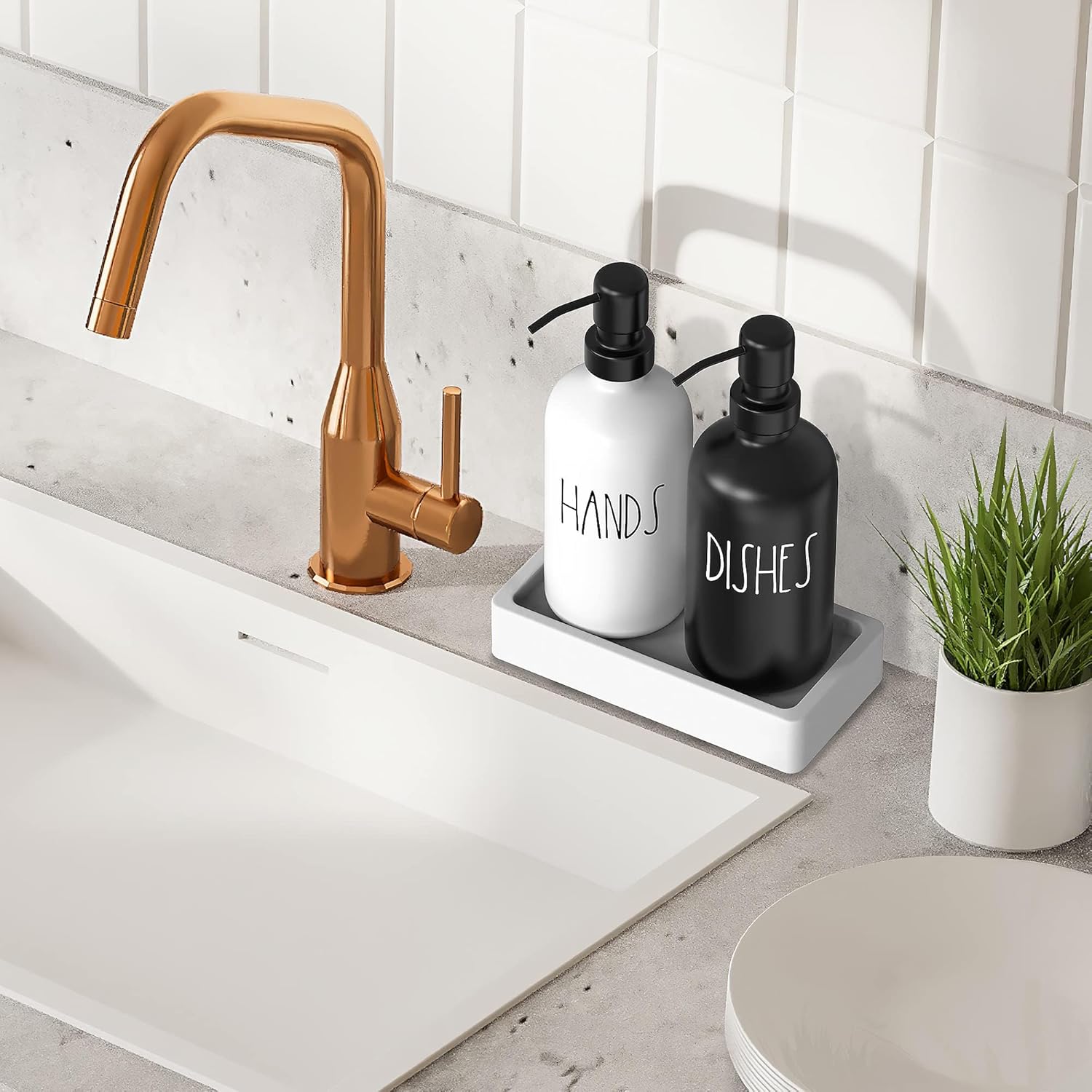 Luxurious Glass Kitchen Soap Dispenser Set with Tray by Brighter Barns - Hand and Dish Soap Dispenser for Kitchen Sink - Farmhouse Soap Dispenser - Modern Farmhouse Kitchen Decor (Black/White)-2