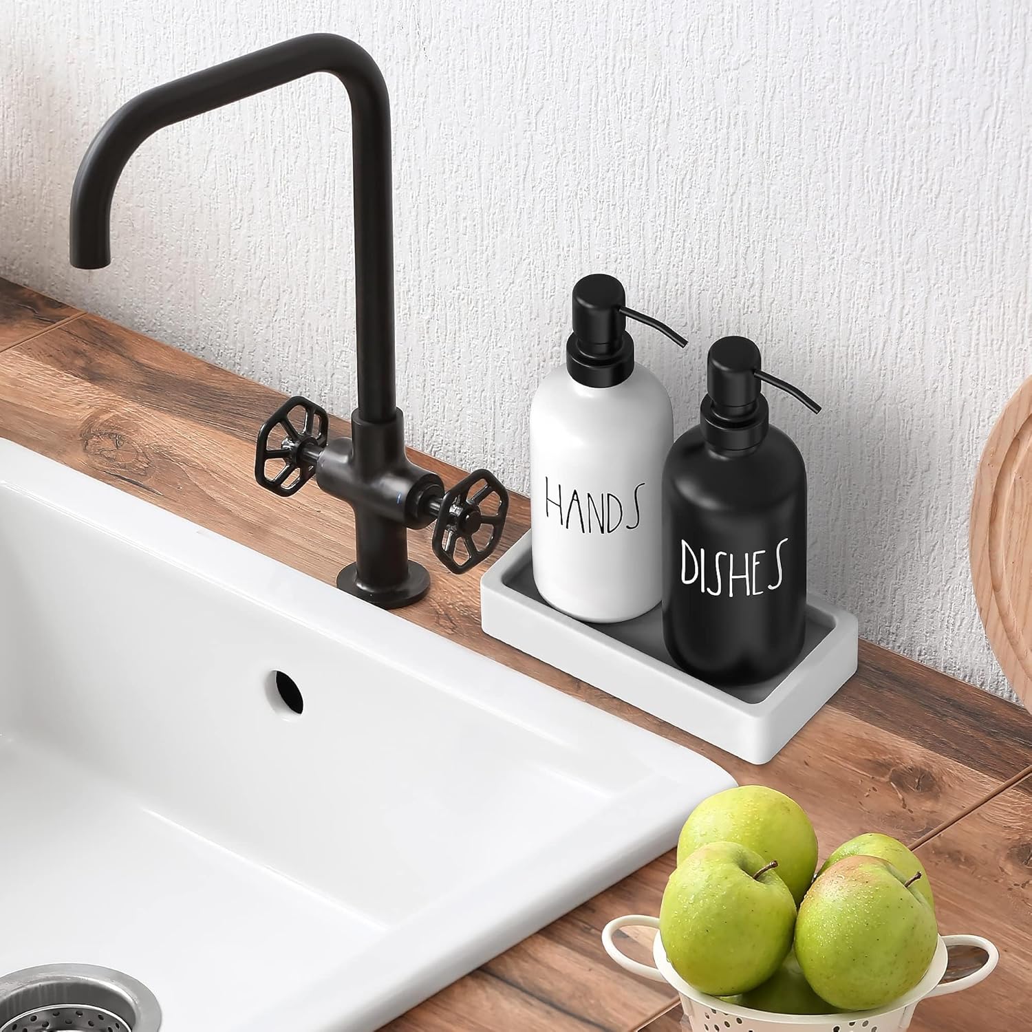 Luxurious Glass Kitchen Soap Dispenser Set with Tray by Brighter Barns - Hand and Dish Soap Dispenser for Kitchen Sink - Farmhouse Soap Dispenser - Modern Farmhouse Kitchen Decor (Black/White)-5