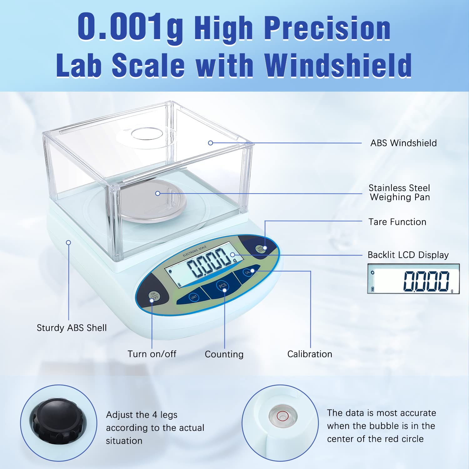 FOUR E'S SCIENTIFIC Lab Scale 100g x 0.001g Accuracy - High Precision Laboratory Analytical Balance with Windshield Digital Scientific Scale Jewelry/Kitchen Scale-1