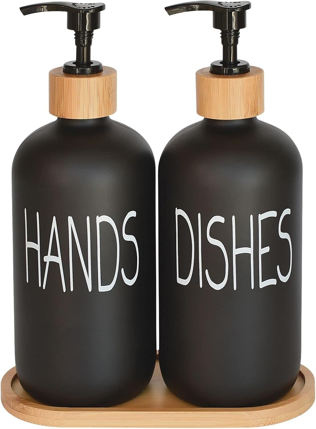 Glass Soap Dispenser Set. Hand Soap and Dish Soap Dispenser with Bamboo Tray. Vintage Soap Dispenser with Pump for Kitchen Sink and Bathroom. Stylish Permanent Label (Matte Black)-0