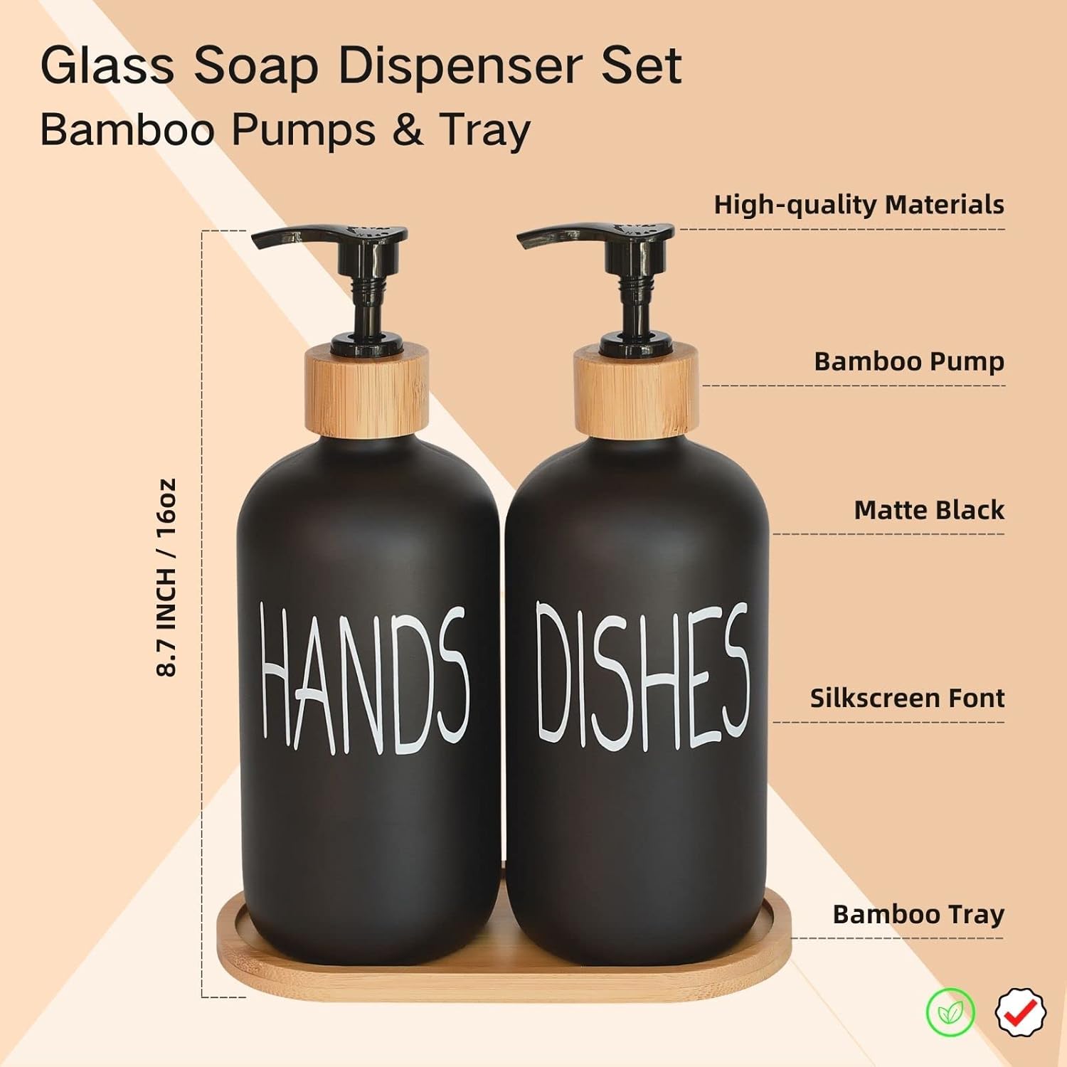 Glass Soap Dispenser Set. Hand Soap and Dish Soap Dispenser with Bamboo Tray. Vintage Soap Dispenser with Pump for Kitchen Sink and Bathroom. Stylish Permanent Label (Matte Black)-1