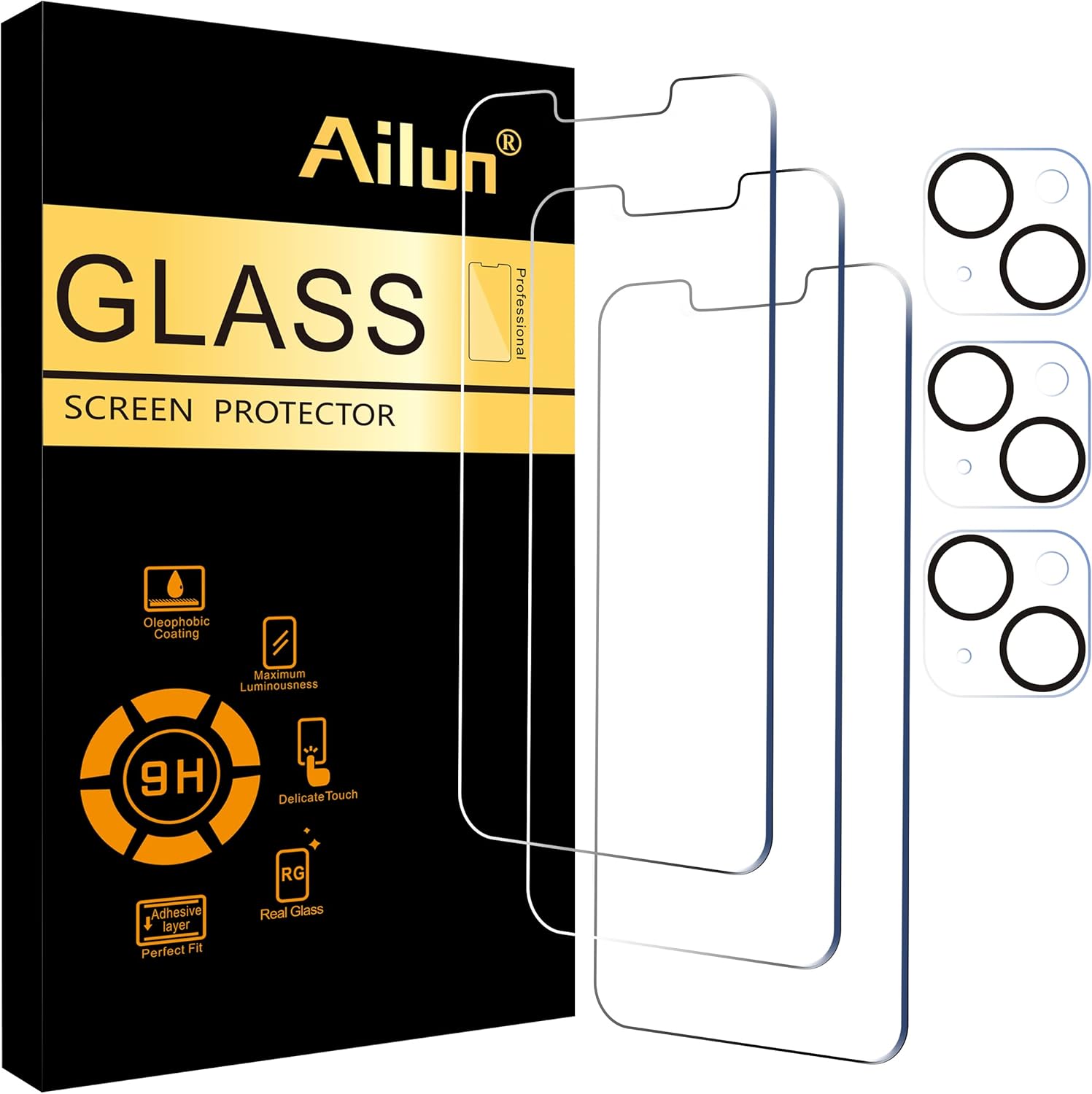 Ailun 3 Pack Screen Protector for iPhone 14 [6.1 inch] + 3 Pack Camera Lens Protector,Case Friendly Tempered Glass Film,[9H Hardness] - HD-0