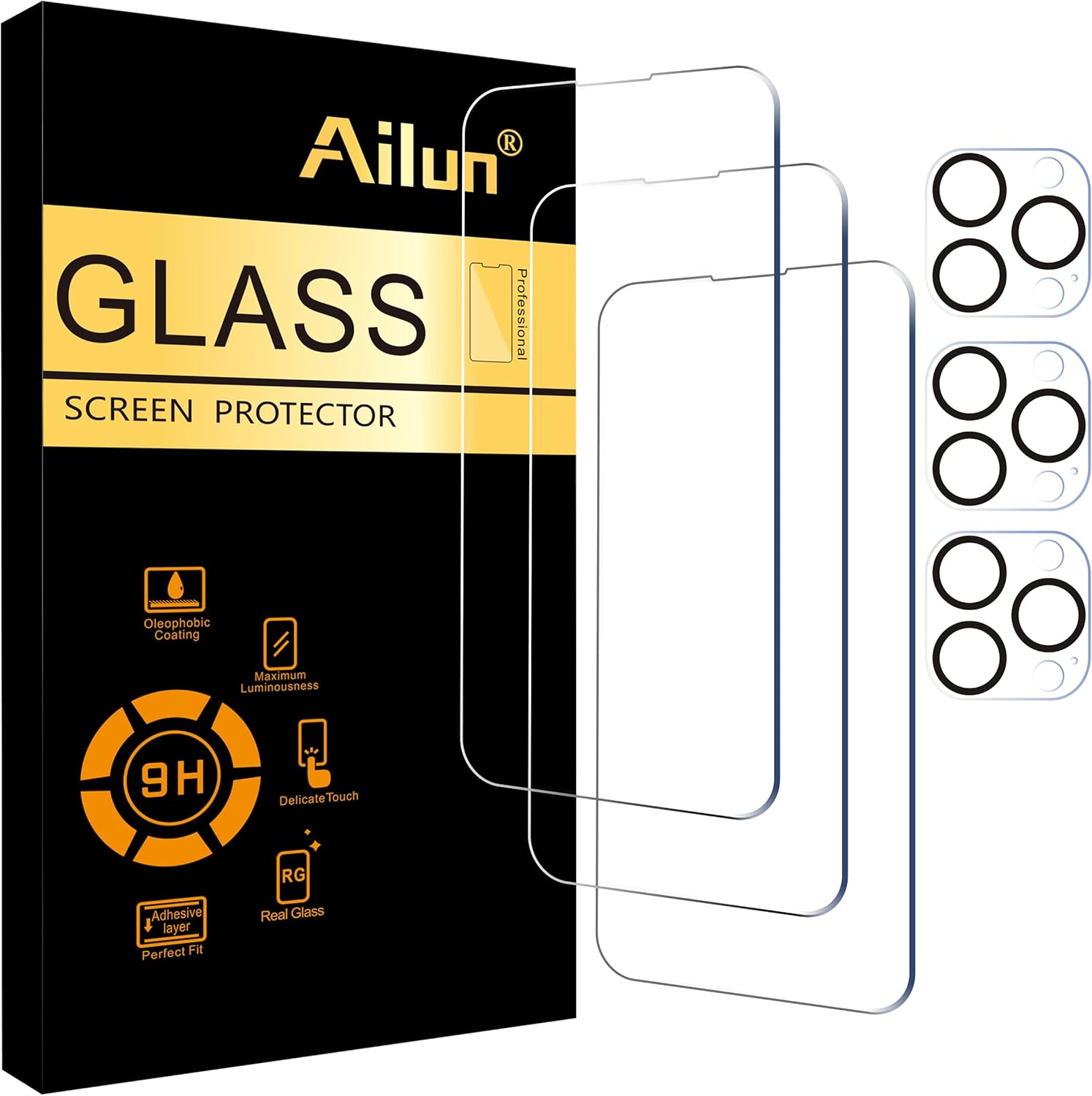 Ailun 3 Pack Screen Protector for iPhone 14 Pro Max [6.7 inch] + 3 Pack Camera Lens Protector,Sensor Protection,Dynamic Island Compatible,Case Friendly Tempered Glass Film,[9H Hardness] - HD-0