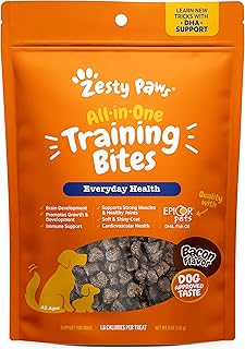 Zesty Paws Training Treats for Dogs & Puppies - Hip, Joint & Muscle Health - Immune, Brain, Heart, Skin & Coat Support - Bites with Fish Oil Omega 3 Fatty Acids with EPA & DHA - Bacon Flavor – 8oz