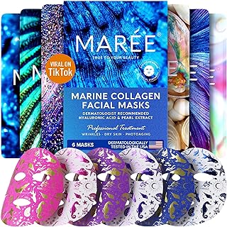 MAREE Collagen Face Mask with Hyaluronic Acid - Sheet Face Masks Skincare with Green & Red Algae Extract for All Skin Types - Hydrating Facial Mask Skin For Women Care Mascarillas Faciales - 6 Pack