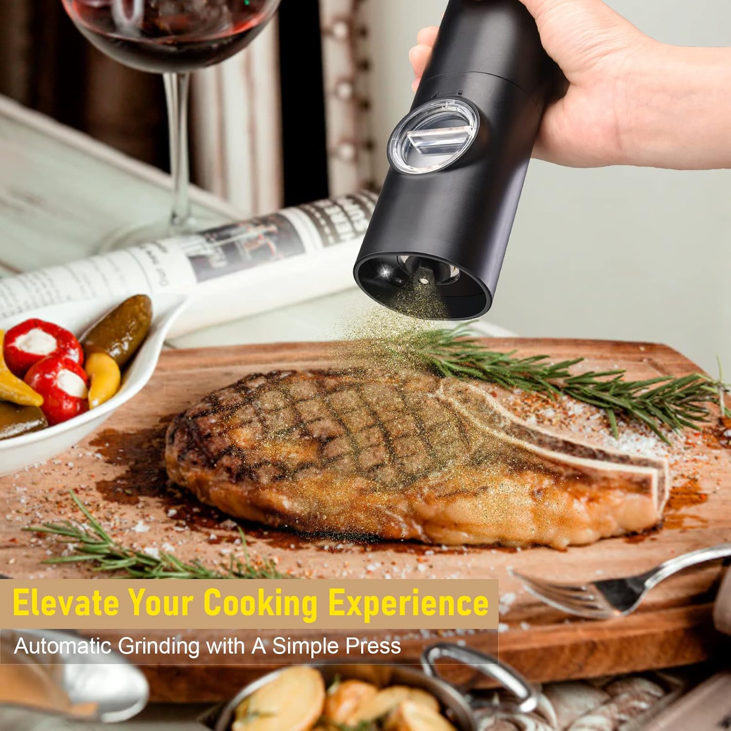 SVAVO Electric Pepper Grinder, Battery Operated Salt Grinder, Automatic Pepper Mill with LED Light, Adjustable Coarseness One-hand Control, Black Peppercorn Grinder Refillable, Battery Not Included-1