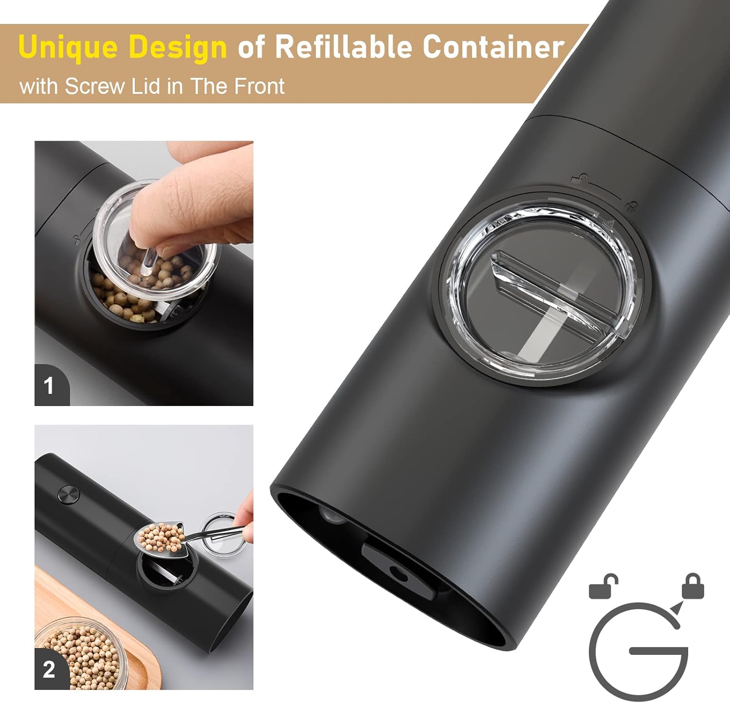 SVAVO Electric Pepper Grinder, Battery Operated Salt Grinder, Automatic Pepper Mill with LED Light, Adjustable Coarseness One-hand Control, Black Peppercorn Grinder Refillable, Battery Not Included-2