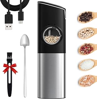 SVAVO Rechargeable Automatic Salt and Pepper Grinder Set with Safety Switch, Electric Gravity Pepper Grinder Mill with Auto Dust Lids, Upgraded White LED Light and Adjustable Coarseness, 1 Pack