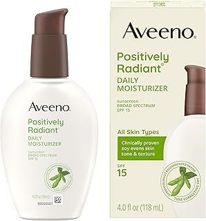 Aveeno Positively Radiant Daily Face Moisturizer with SPF 15 Sunscreen, Hydrating Facial Moisturizer with Soy Extract to Improve Skin Tone and Texture, Hypoallergenic Formula, Oil-Free, 4 FL OZ