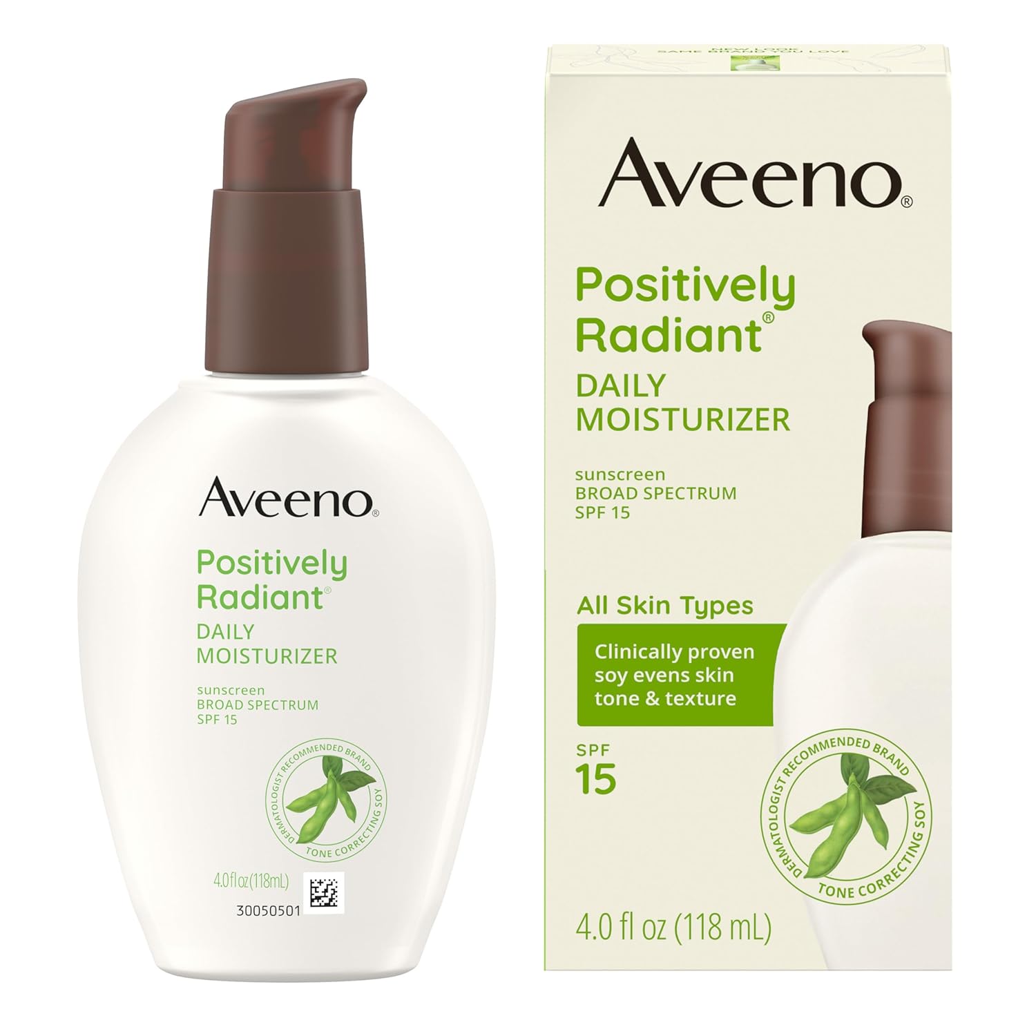 Aveeno Positively Radiant Daily Face Moisturizer with SPF 15 Sunscreen, Hydrating Facial Moisturizer with Soy Extract to Improve Skin Tone and Texture, Hypoallergenic Formula, Oil-Free, 4 FL OZ-0