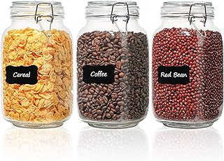 ComSaf Airtight Glass Canister Set of 3 with Lids 50oz Clear Food Storage Jars Square, Kitchen & Pantry Organization Food Storage Container for Canning, Sugar, Flour, Pasta, Candy, Cereal, Coffee