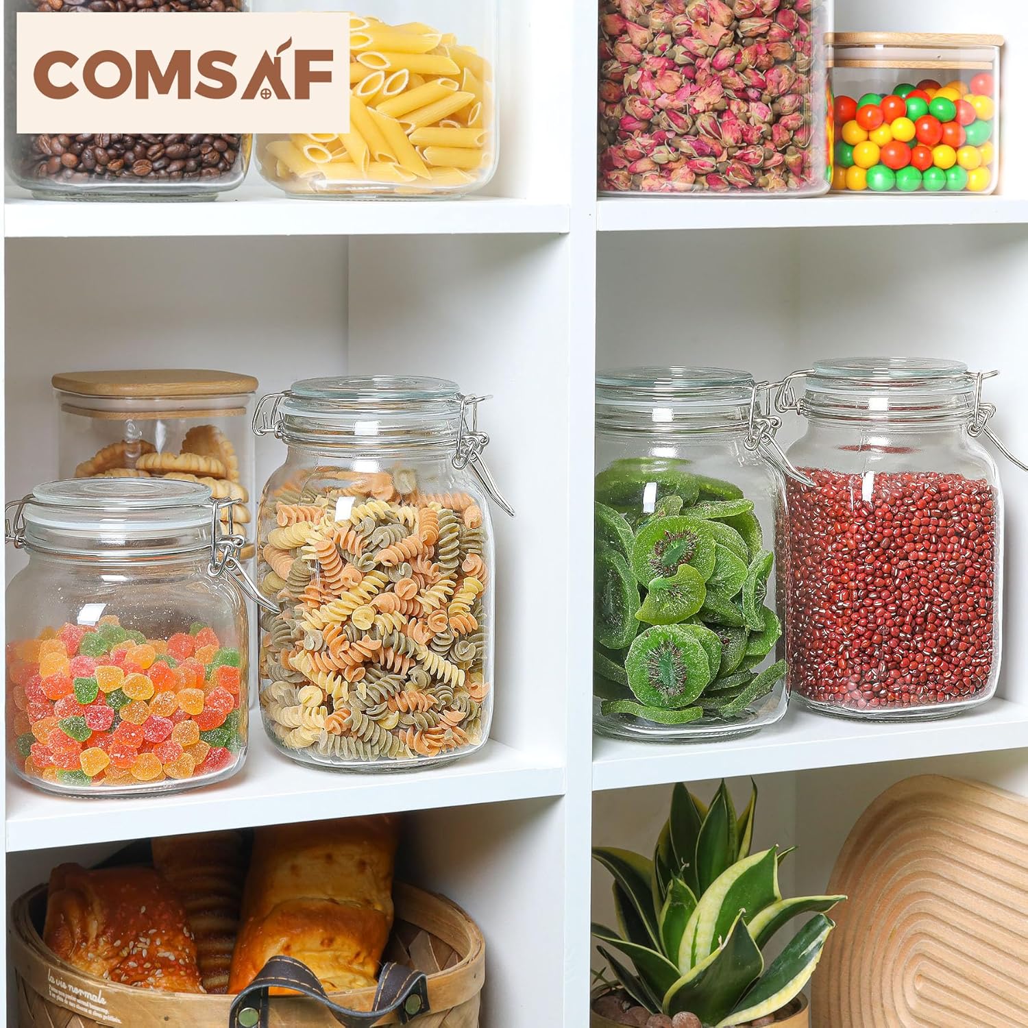 ComSaf Airtight Glass Canister Set of 3 with Lids 50oz Clear Food Storage Jars Square, Kitchen & Pantry Organization Food Storage Container for Canning, Sugar, Flour, Pasta, Candy, Cereal, Coffee-4