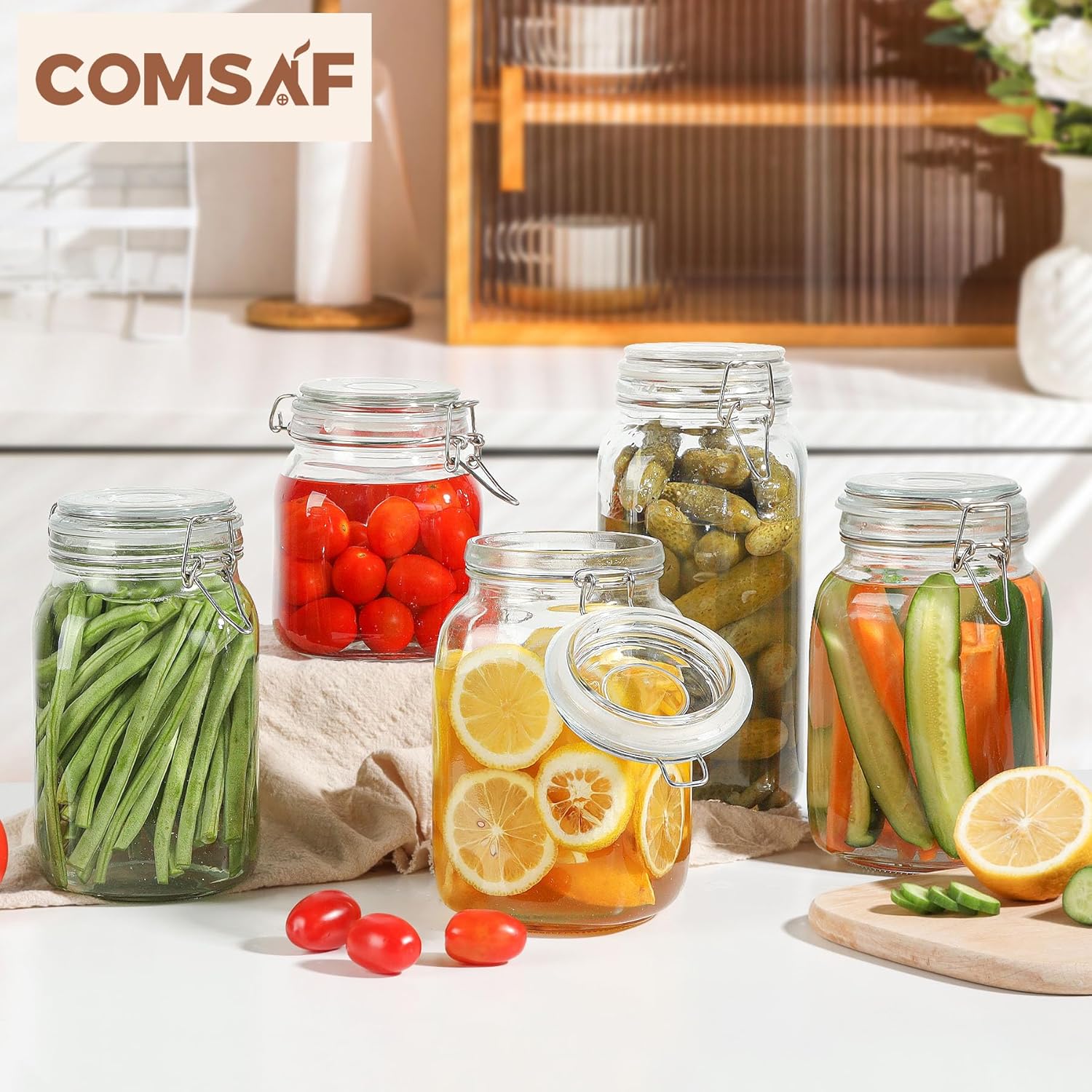 ComSaf Airtight Glass Canister Set of 3 with Lids 50oz Clear Food Storage Jars Square, Kitchen & Pantry Organization Food Storage Container for Canning, Sugar, Flour, Pasta, Candy, Cereal, Coffee-5