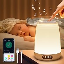 One Fire Sound Machine Baby Night Light for Kids, Smart APP/Touch Night Light For Baby Nursery,48 RGB Colors Nursery Lamp,Bluetooth & 14 White Noise Kids Night Light,Wake Up Alarm Clock for Kids Gifts