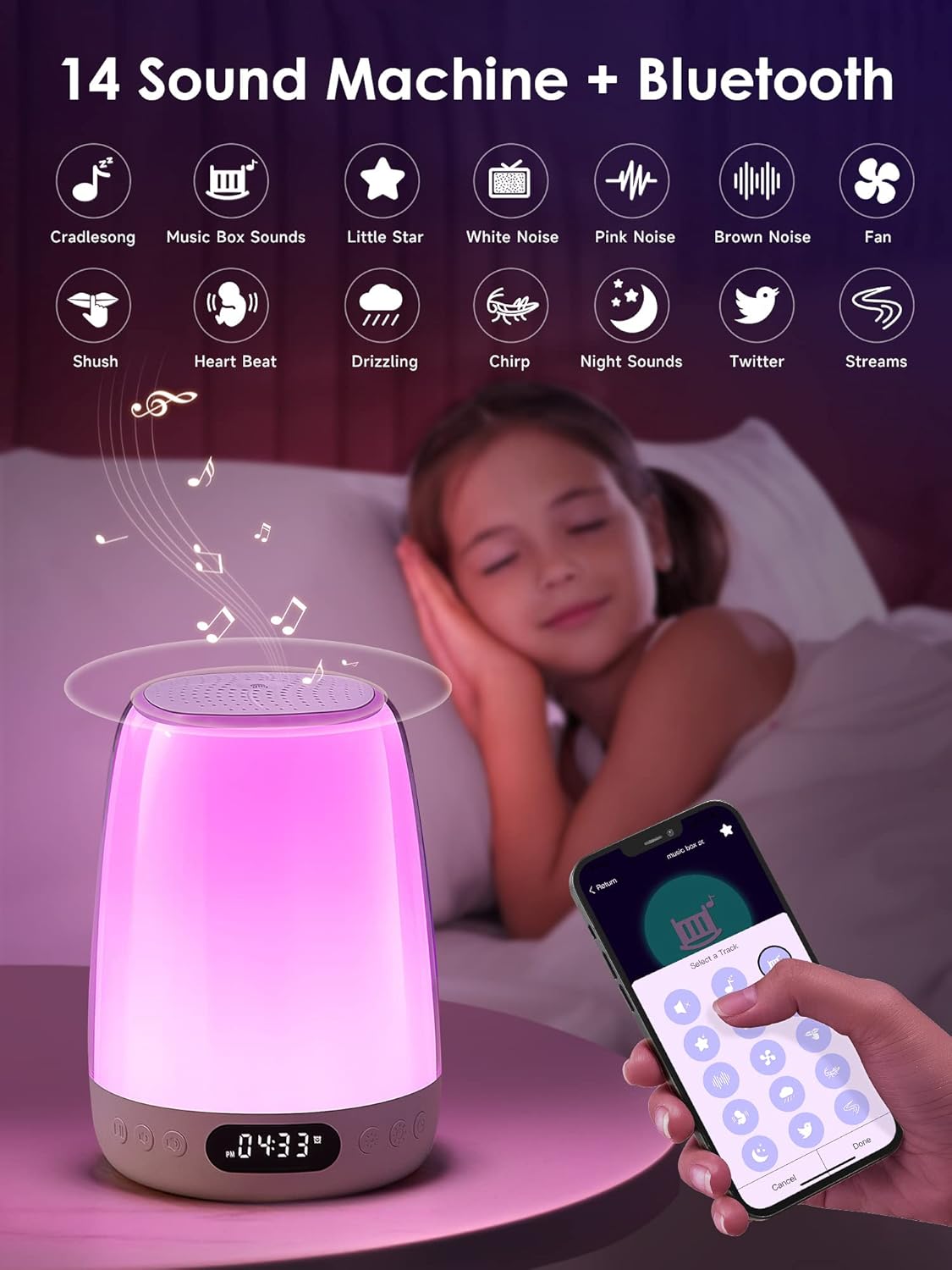 One Fire Sound Machine Baby Night Light for Kids, Smart APP/Touch Night Light For Baby Nursery,48 RGB Colors Nursery Lamp,Bluetooth & 14 White Noise Kids Night Light,Wake Up Alarm Clock for Kids Gifts-3