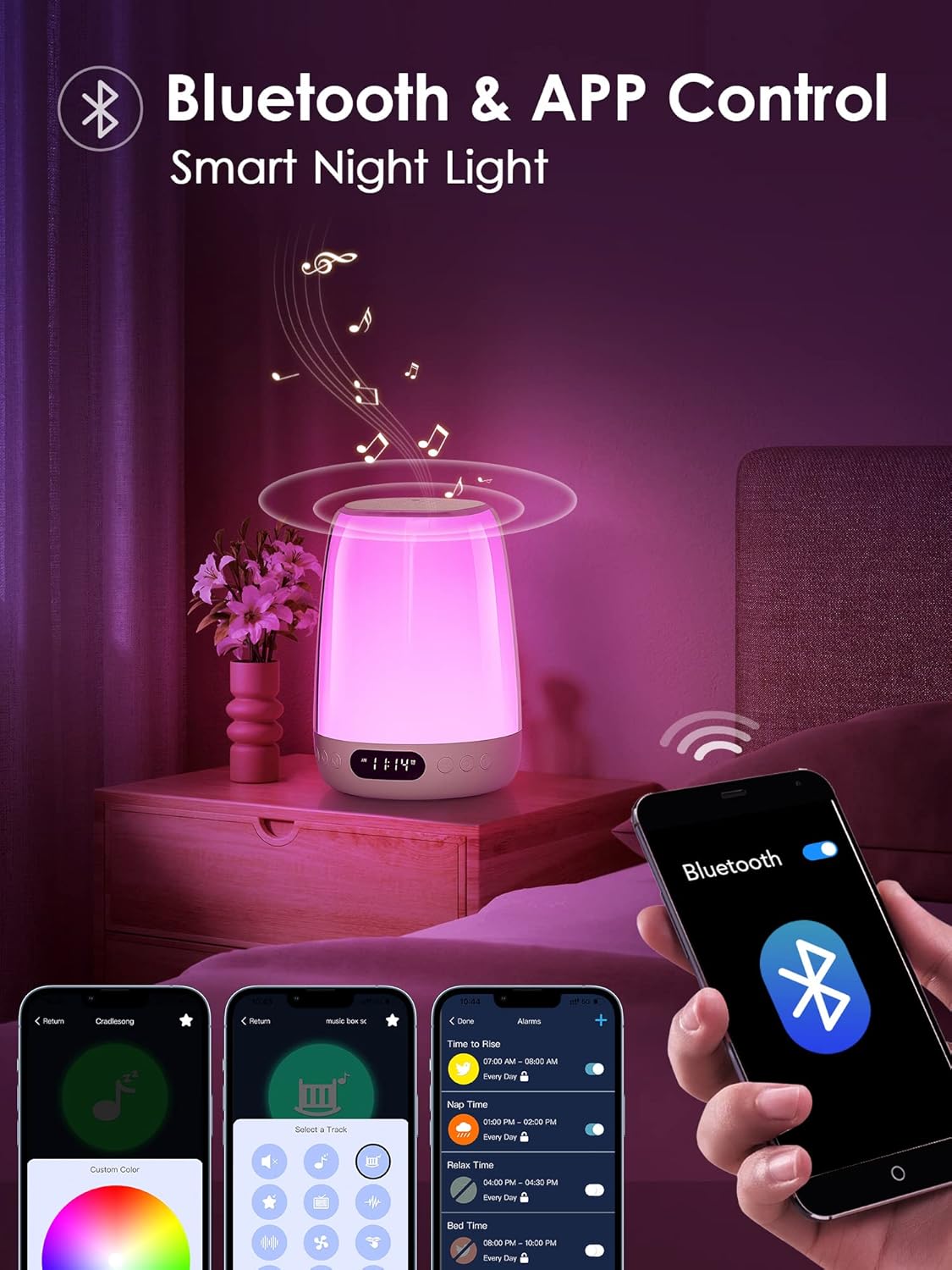 One Fire Sound Machine Baby Night Light for Kids, Smart APP/Touch Night Light For Baby Nursery,48 RGB Colors Nursery Lamp,Bluetooth & 14 White Noise Kids Night Light,Wake Up Alarm Clock for Kids Gifts-4