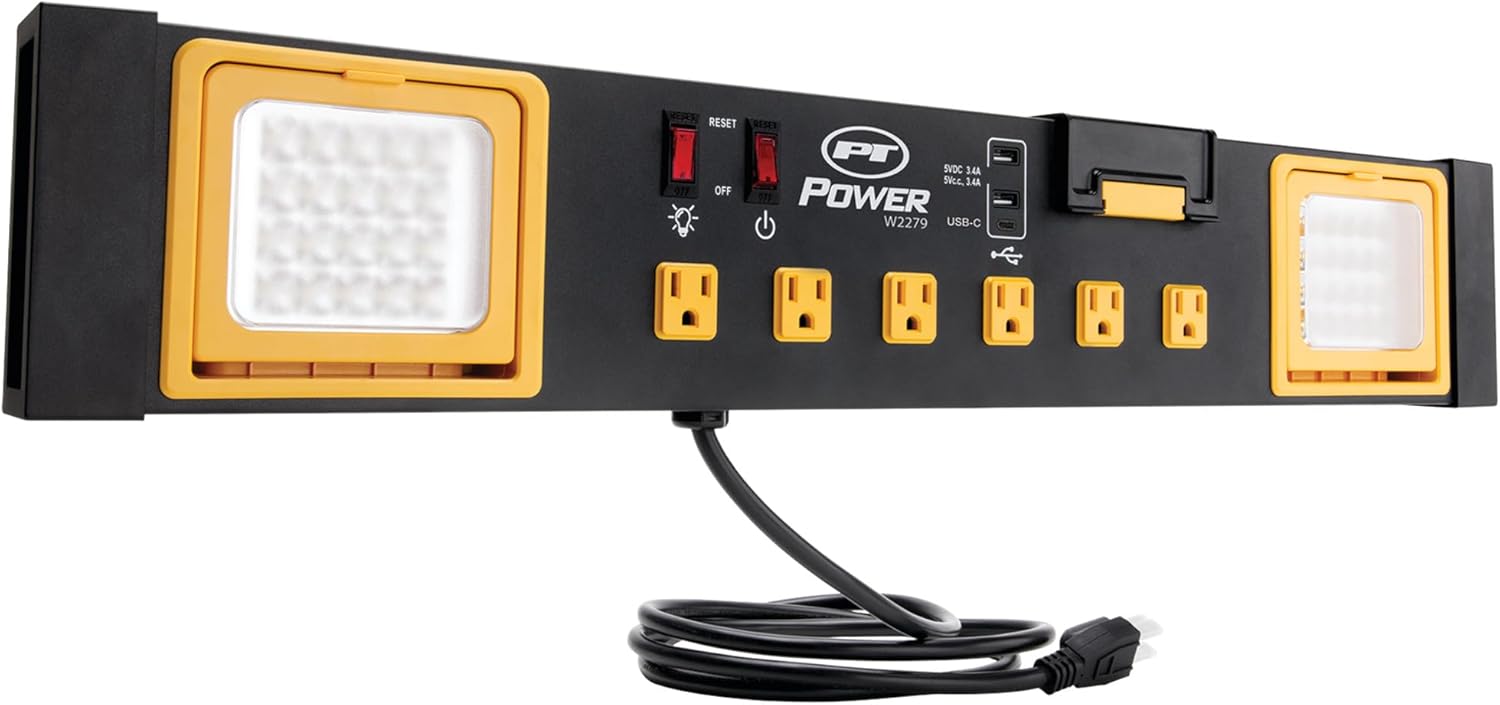 Performance Tool W2279 Commercial Grade Power Station with 6 Outlets, 2 USB Ports, Built-In Cradle, and LED Lights, Ideal for Workshops and Garages-0