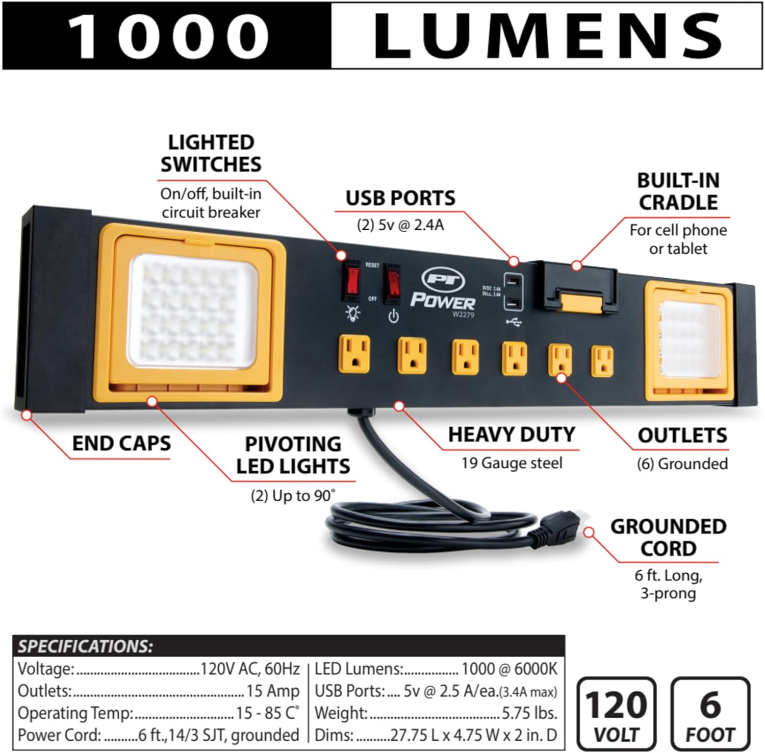 Performance Tool W2279 Commercial Grade Power Station with 6 Outlets, 2 USB Ports, Built-In Cradle, and LED Lights, Ideal for Workshops and Garages-1