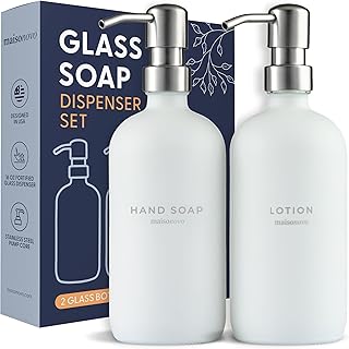 MaisoNovo Bathroom Soap and Lotion Dispenser Set | 16.9 fl oz White Glass Silver Pumps x 2