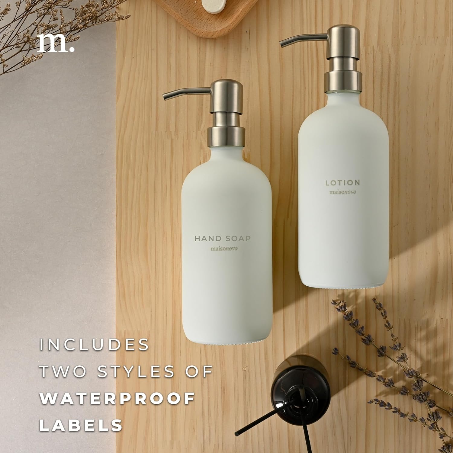 MaisoNovo Bathroom Soap and Lotion Dispenser Set | 16.9 fl oz White Glass Silver Pumps x 2-5