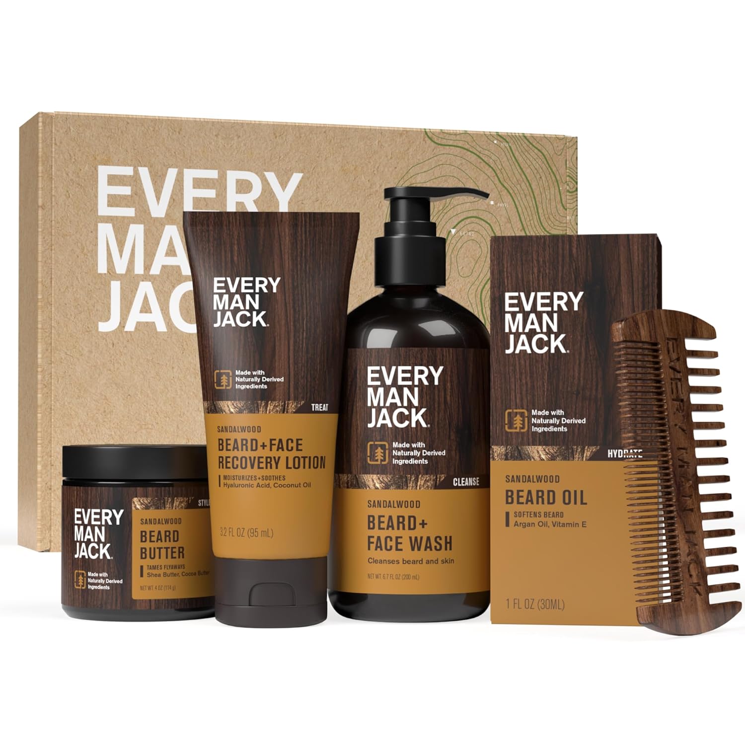 Every Man Jack Mens Sandalwood Grooming Set - Five Full-Sized Essentials: Wash, Lotion, Hydrating Oil, Butter, and Comb-0