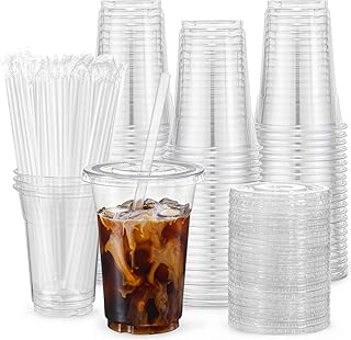 VITEVER [100 Sets - 16oz] Plastic Cups with Lids and Straws, Disposable Cups for Iced Coffee, Smoothie, Milkshake, Cold Drinks - Clear