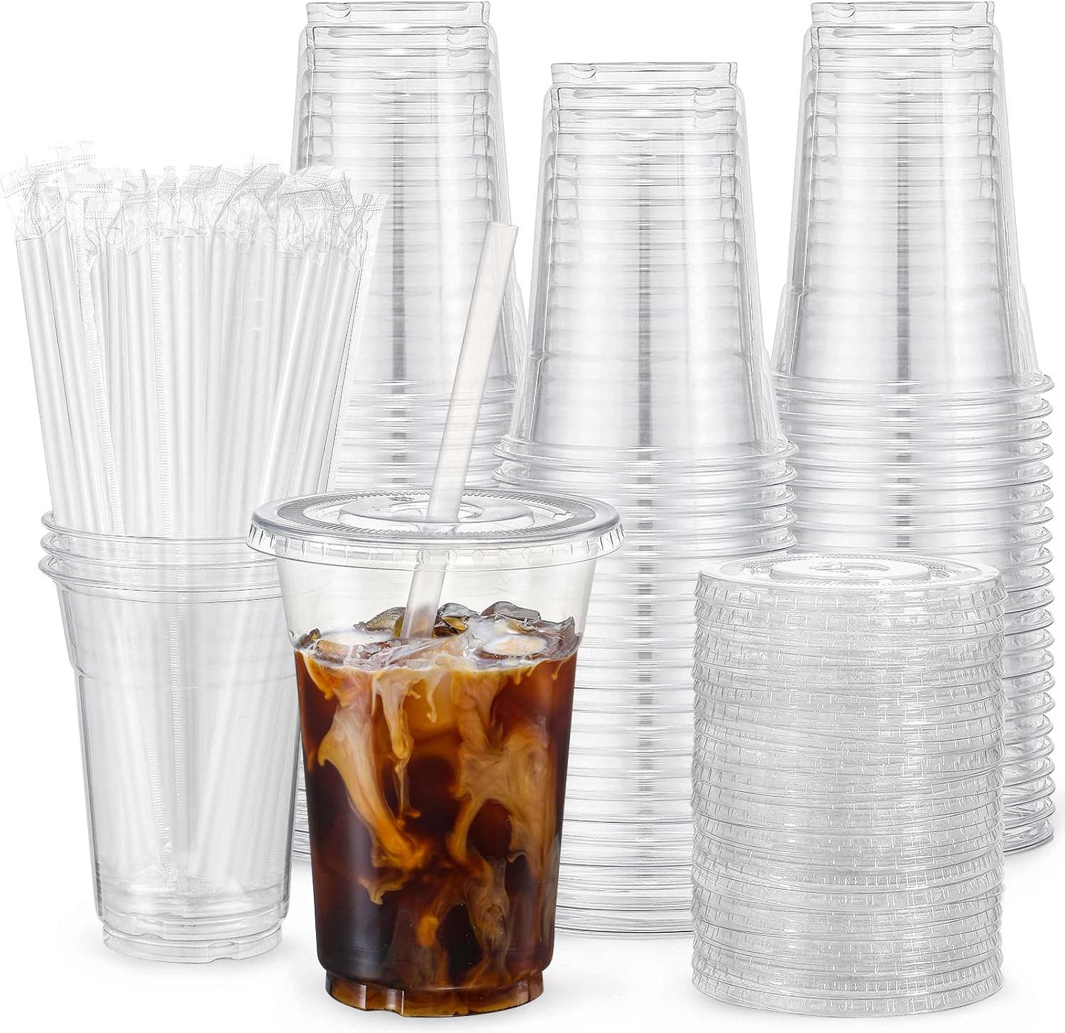 VITEVER [100 Sets - 16oz] Plastic Cups with Lids and Straws, Disposable Cups for Iced Coffee, Smoothie, Milkshake, Cold Drinks - Clear-0