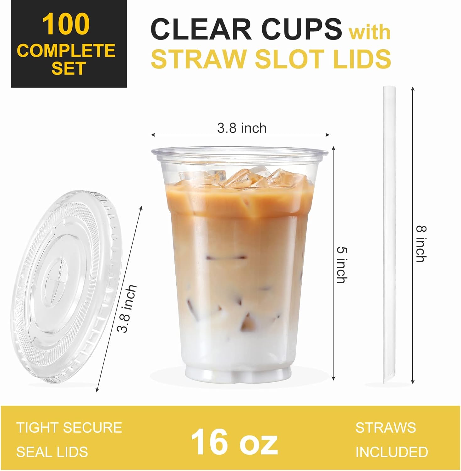 VITEVER [100 Sets - 16oz] Plastic Cups with Lids and Straws, Disposable Cups for Iced Coffee, Smoothie, Milkshake, Cold Drinks - Clear-1