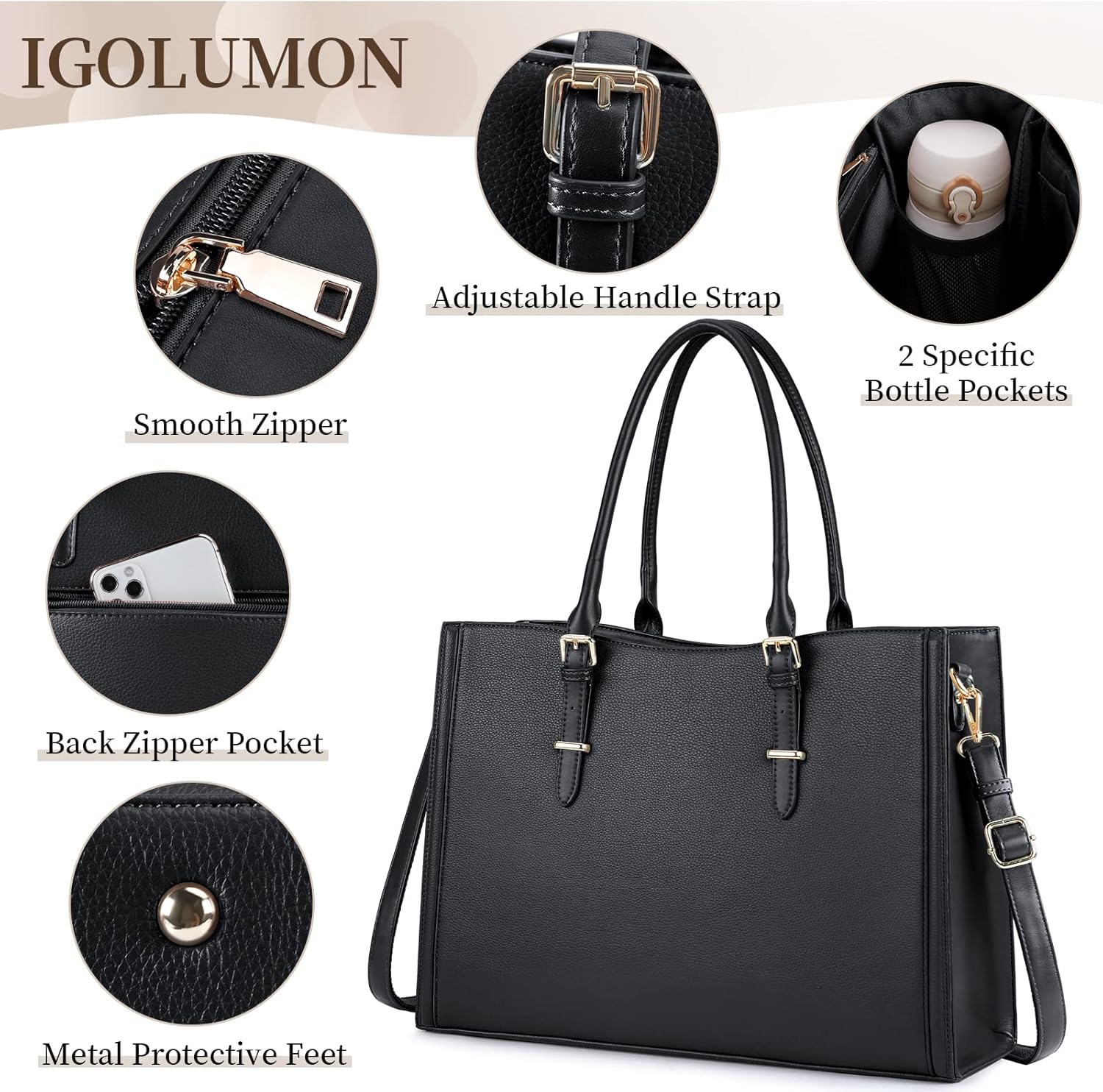 IGOLUMON Laptop Bag for Women 15.6 Inch Laptop Tote Bag Waterproof Leather Work Bag Computer Briefcase Bag Office Professional Large Capacity Handbag Shoulder Bag Black-2