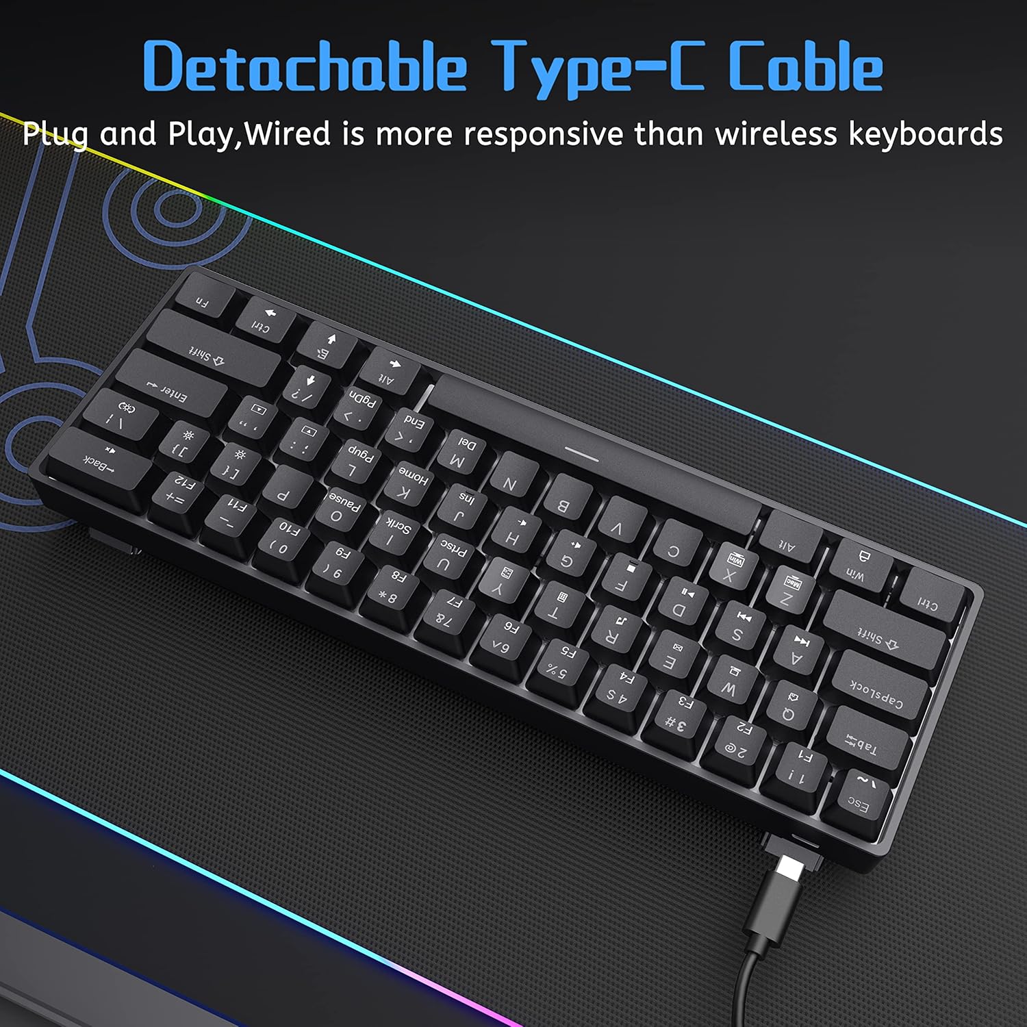 DIERYA 60% Mechanical Keyboard, DK61se Wired Gaming Keyboard with Red Switches,LED Backlit Ultra-Compact 61 Keys Mini Office Keyboard for Windows Laptop PC Gamer Typist（Black）-4