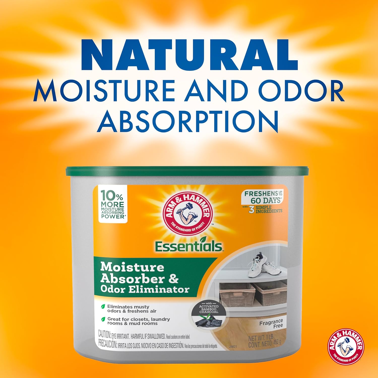 Arm & Hammer Essentials Disposable Moisture Absorber and Odor Eliminator Tub, Fragrance Free, 1 lb, 3-Pack, Attracts and Traps Excess Moisture, Ideal Closet Dehumidifier, White-2