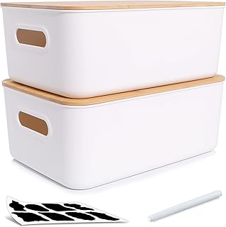 Citylife 2 PCS Storage Bins with Bamboo Lids Plastic Storage Containers for Organizing Stackable Storage Box with Handle, 15.16 x 10.79 x 5.83 inch