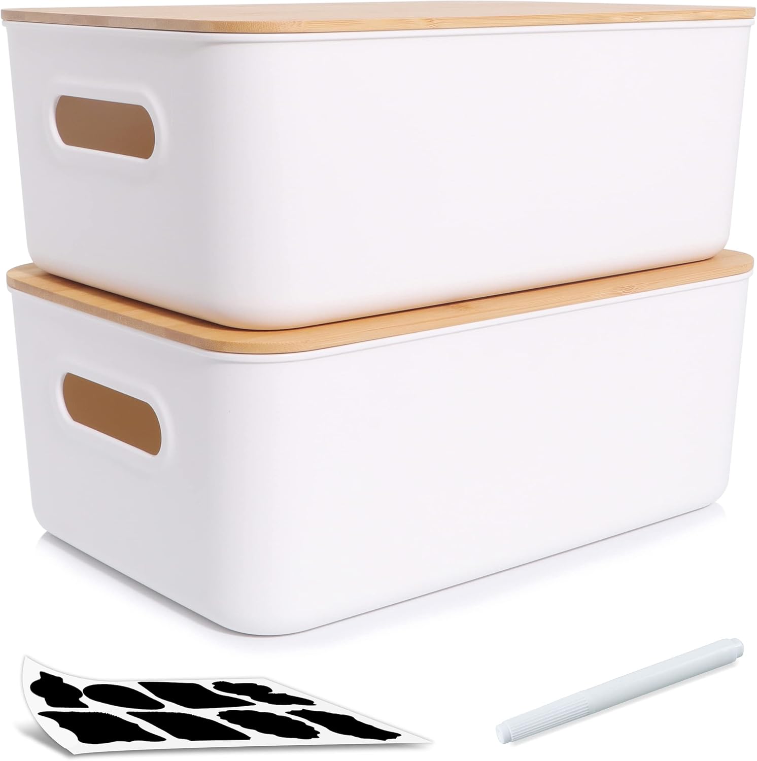 Citylife 2 PCS Storage Bins with Bamboo Lids Plastic Storage Containers for Organizing Stackable Storage Box with Handle, 15.16 x 10.79 x 5.83 inch-0