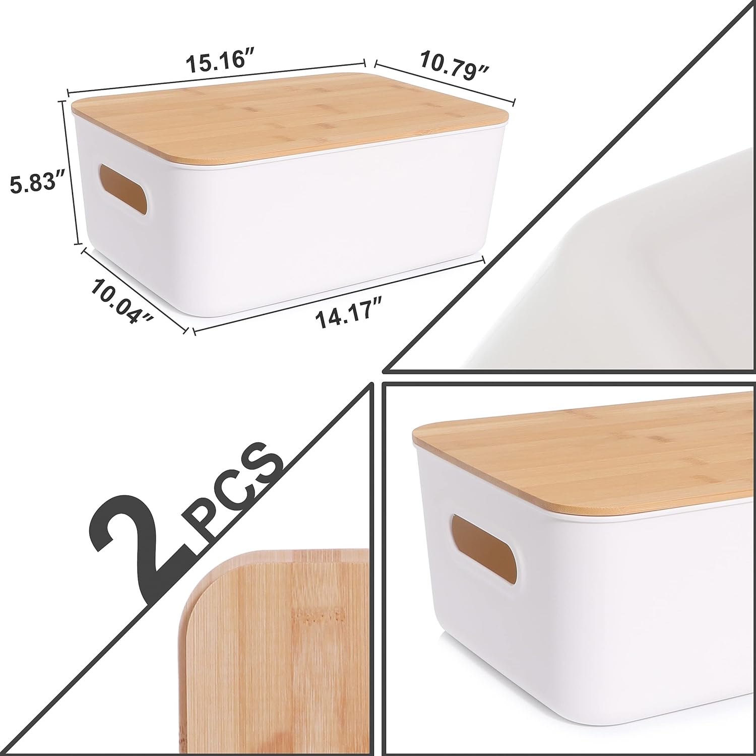 Citylife 2 PCS Storage Bins with Bamboo Lids Plastic Storage Containers for Organizing Stackable Storage Box with Handle, 15.16 x 10.79 x 5.83 inch-5