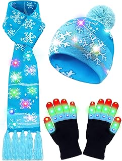 Eurzom 3 Pieces LED Light up Christmas Hat Xmas Scarf Gloves Set Holiday Christmas Hat Beanie Knit Cap for Christmas Party