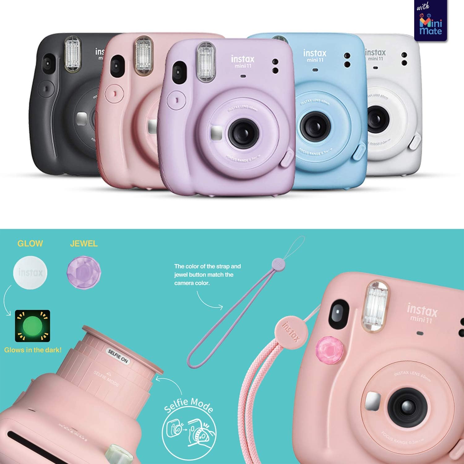 Fujifilm Instax Mini 11 Instant Camera Blush Pink + Minimate Custom Case + Fuji Instax Film 20 Sheets Twin Pack-1