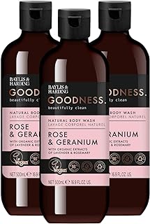 Baylis & Harding Liquid Body Wash Soap, Goodness, Rose & Geranium, 16.9oz/500ml (3-Pack)