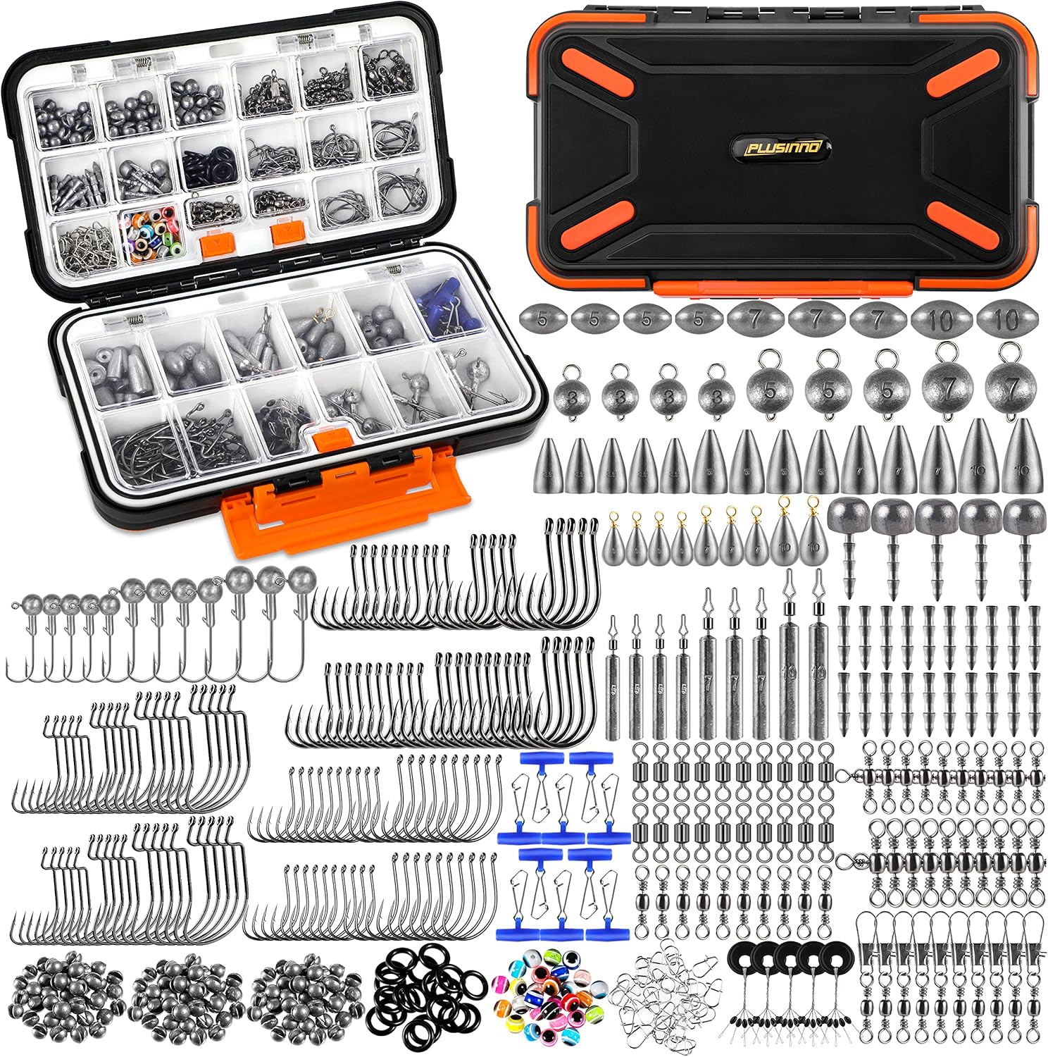 PLUSINNO 264/397pcs Fishing Accessories Kit, Organized Fishing Tackle Box with Tackle Included, Fishing Hooks, Fishing Weights Sinkers, Swivels, Beads, Fishing Gear Set Equipment for Bass Trout-0