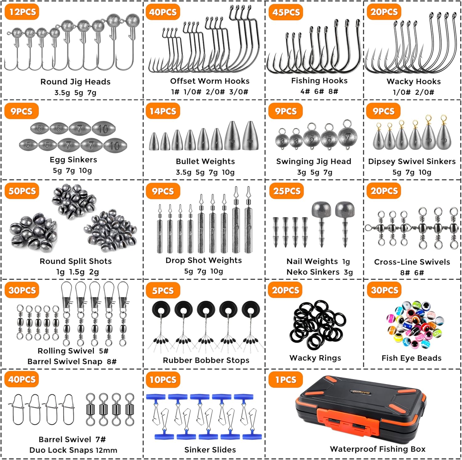 PLUSINNO 264/397pcs Fishing Accessories Kit, Organized Fishing Tackle Box with Tackle Included, Fishing Hooks, Fishing Weights Sinkers, Swivels, Beads, Fishing Gear Set Equipment for Bass Trout-4