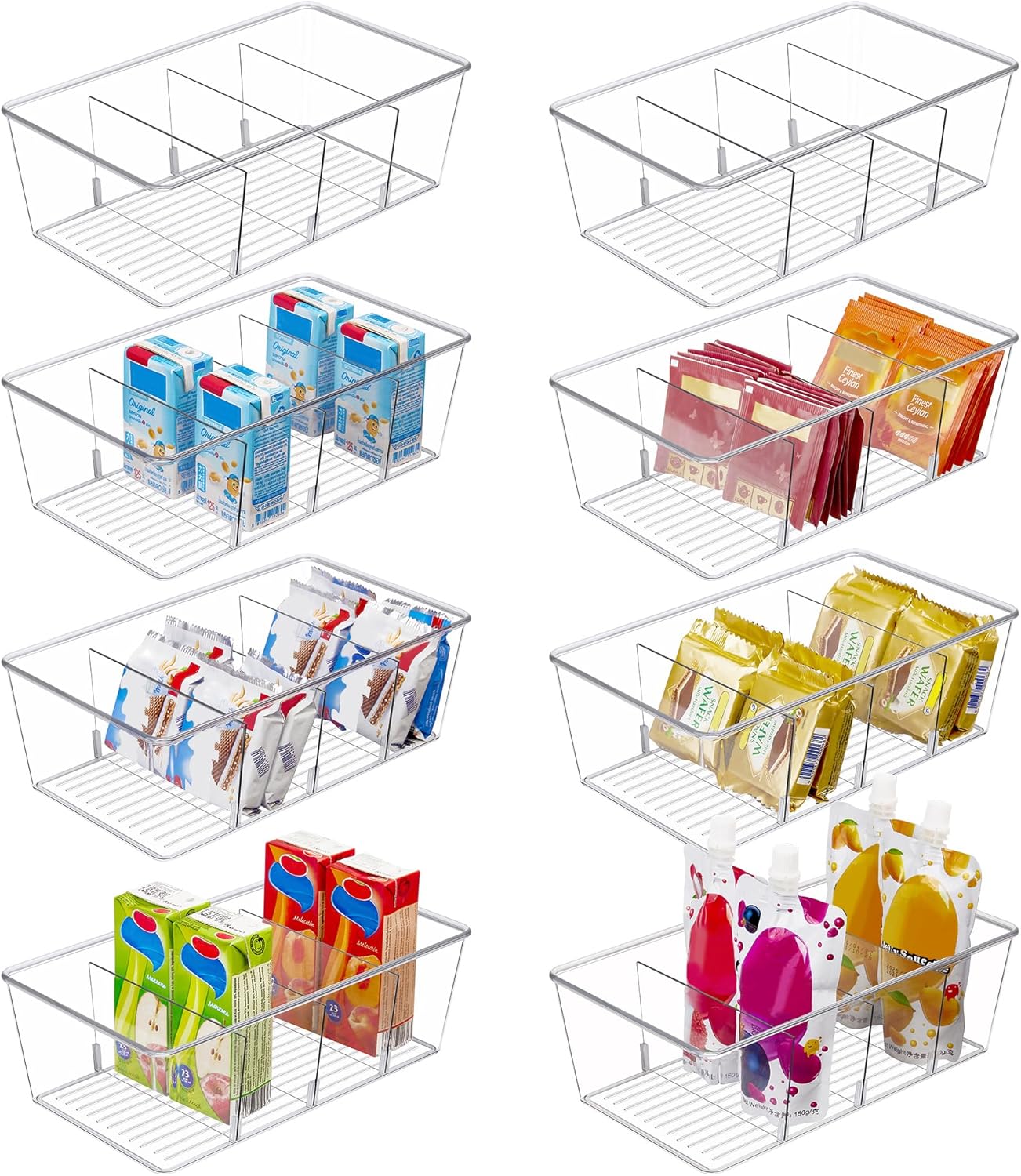 Vtopmart 8 Pack Food Storage Organizer Bins, Clear Plastic Bins for Pantry, Kitchen, Fridge, Cabinet Organization and Storage, 4 Compartment Holder for Packets, Snacks, Pouches, Spice Packets-0