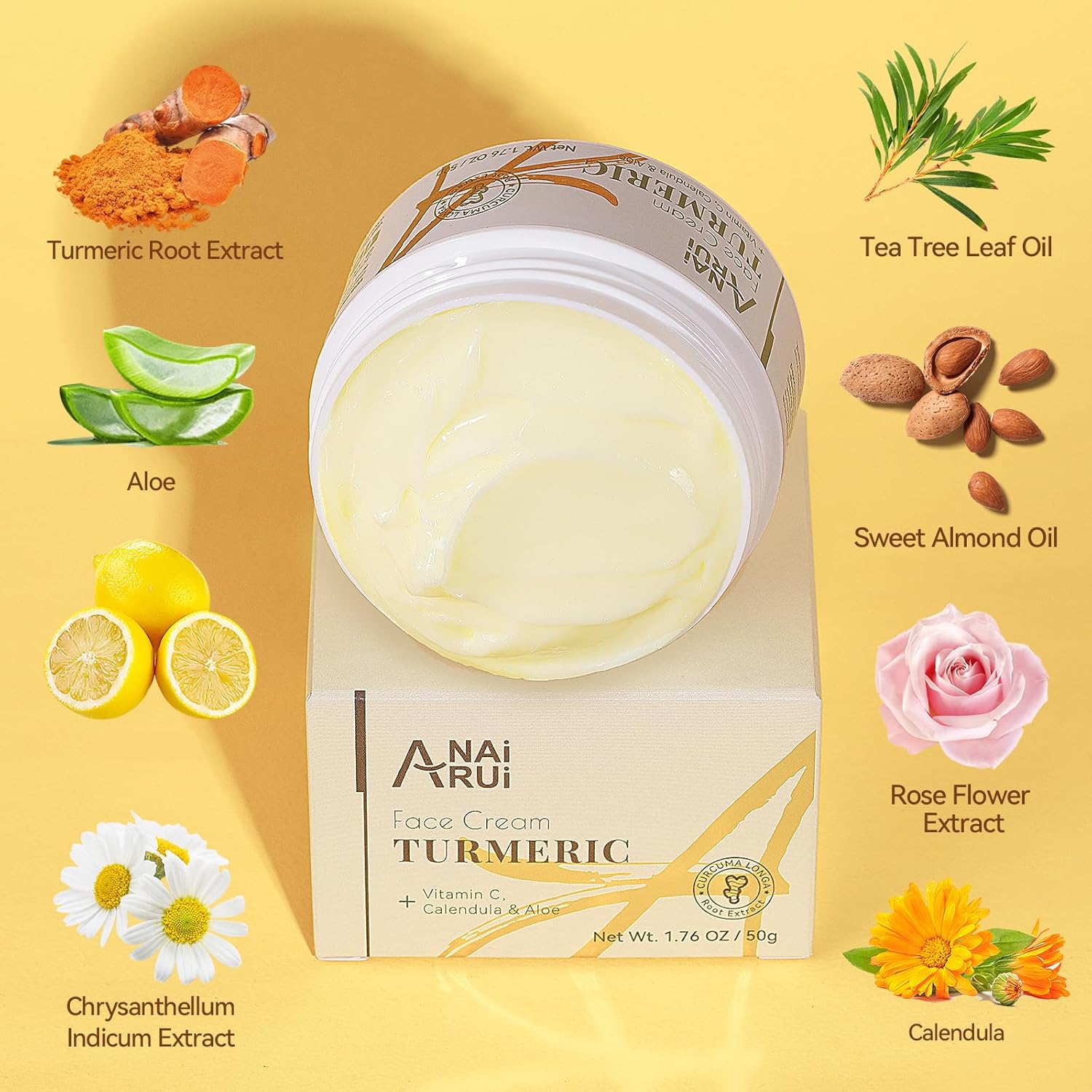 ANAI RUI Facial Moisturuzier, Turmeric Face Cream with Vitamin C for Hydrating, Firming, Tightening Skin, Turmeric Vitamin C Cream for Dark Spots, Dry Skin, 1.76 OZ-2