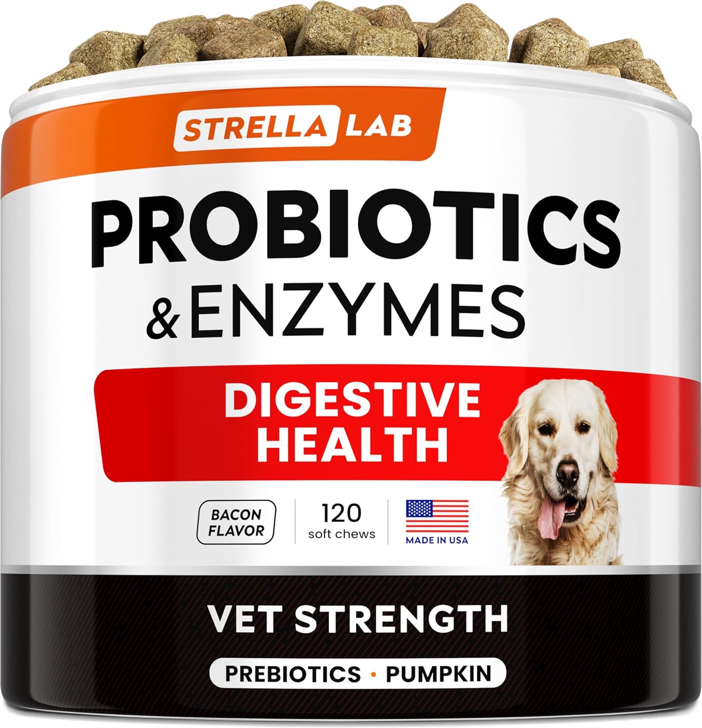 STRELLALAB Vet Strength Dog Probiotics Treats - 1 Billion CFU + Digestive Enzymes + Prebiotics - Chewable Fiber Supplement w/Pumpkin - Allergy, Diarrhea, Gas, Constipation, Upset Stomach Relief-0